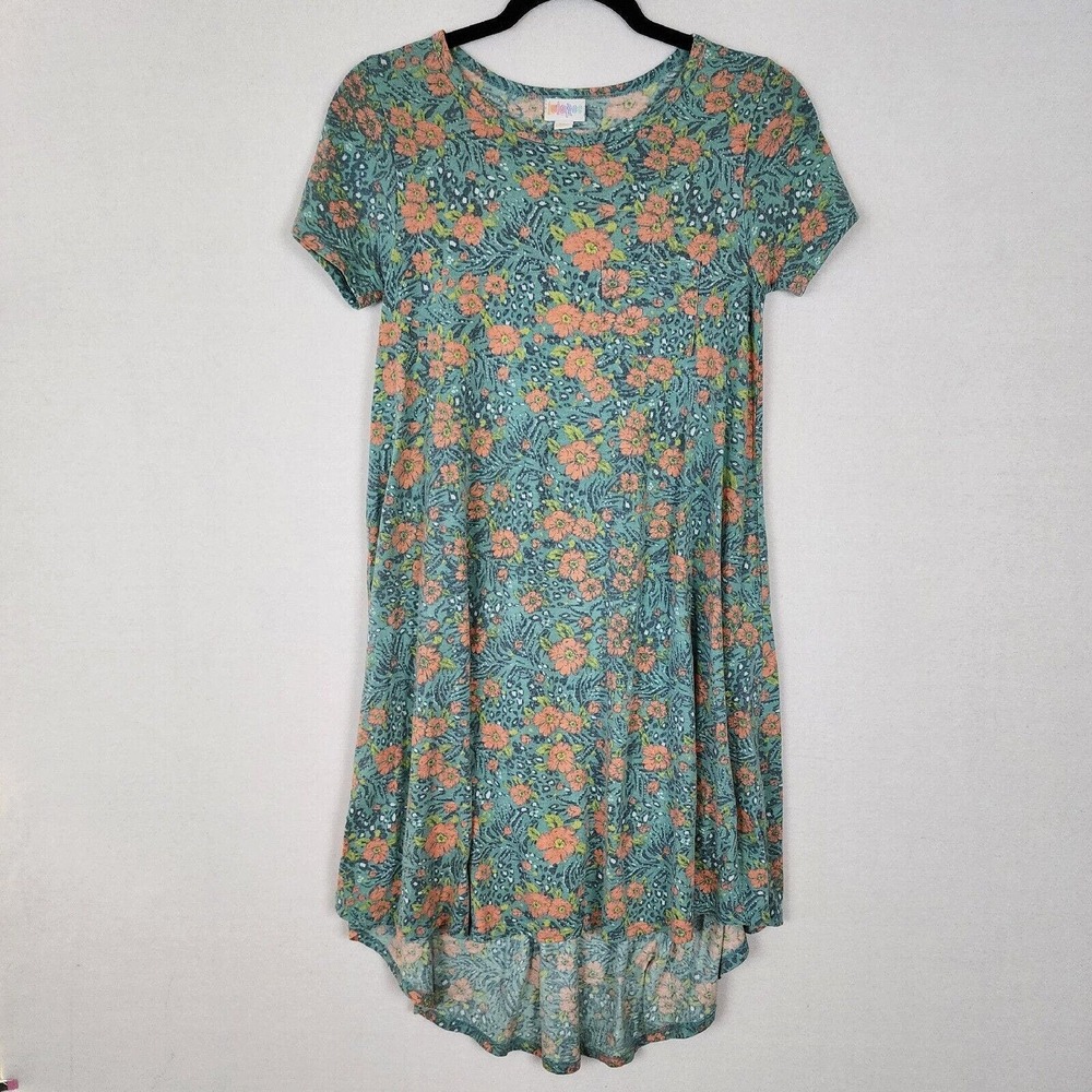 LuLaRoe T-Shirt High Low Dress Casual Green Coral Floral Size XXS
